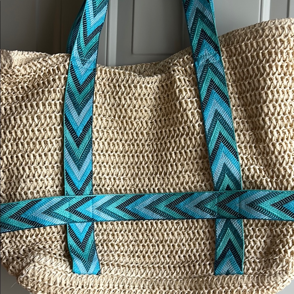 Beach/Market Banana Boat Woven Straw Tote Bag with Blue Accents - Picture 2 of 6